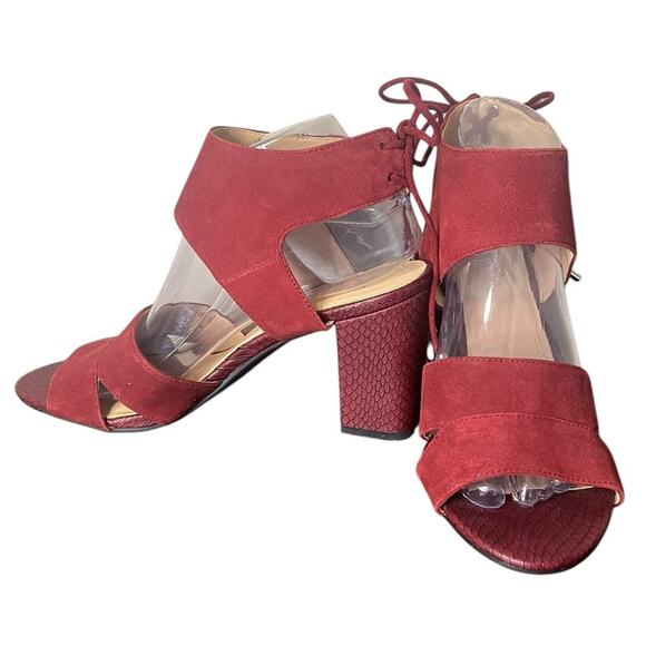 FRANCO SARTO L-Gem Burgundy Suede Ankle Strap Block Heel Tie Back Sandals Sz 9.5 - Picture 1 of 8
